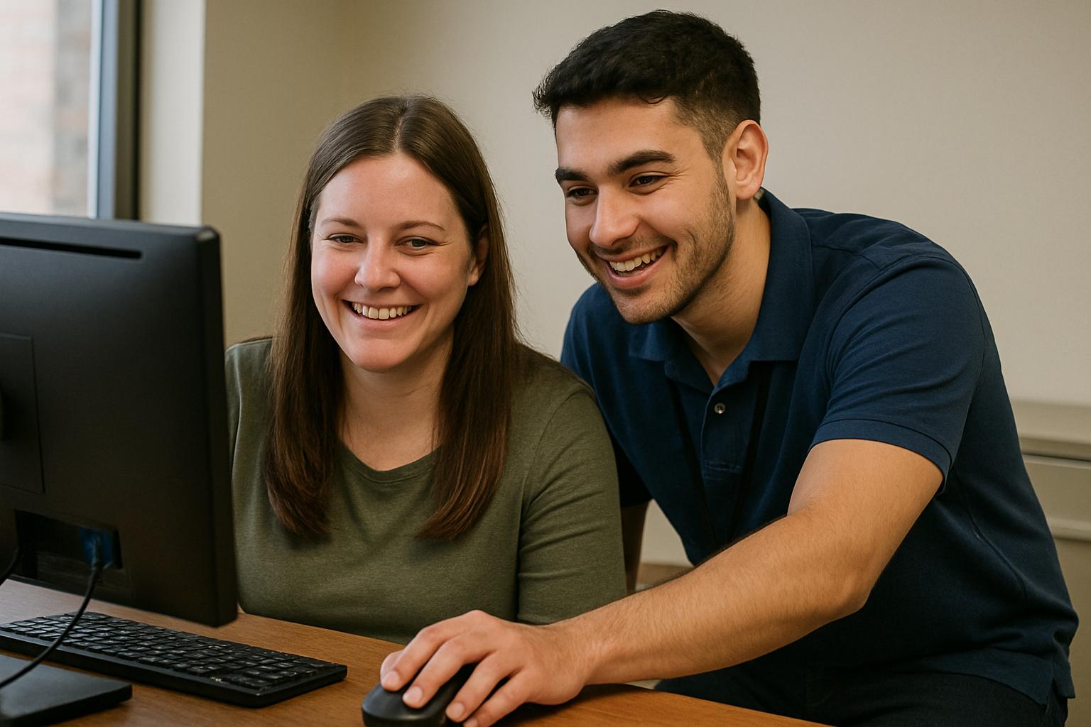 Professional IT support team helping clients with computer issues